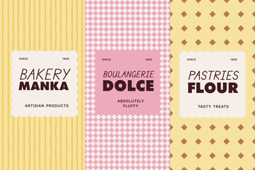 Bakery seamless pattern and label design set for artisan bread and pastry packaging
