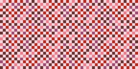 Seamless hand-drawn checkerboard pattern with small squares in red and plum. Background with squares. Banner