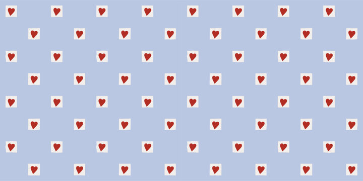 Seamless valentine geometric grid pattern with red hearts on pink and white plaid background