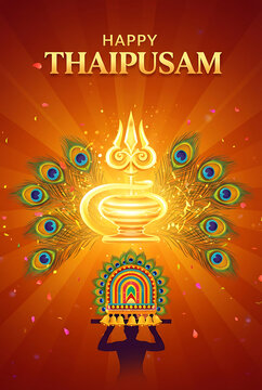 thaipusam festival vertical poster showing silhouette of devotee carrying kavadi with peacock feathers and golden vel of lord murugan on bright orange sunburst