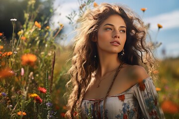 Obraz premium Young woman with long wavy hair looking away in a sunny wildflower field