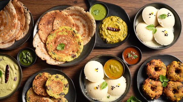 Delicious South Indian breakfast featuring dosa, idli, vada, and chutney served on wooden table.