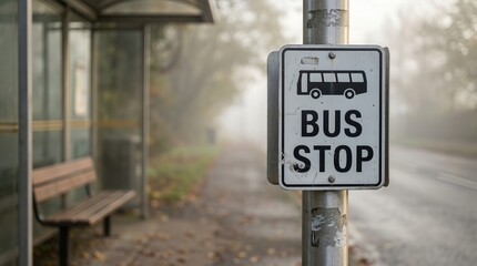 Road sign indicating bus stop location, featuring clear lettering and a bus icon, positioned near a bench in a foggy urban environment with trees in the background