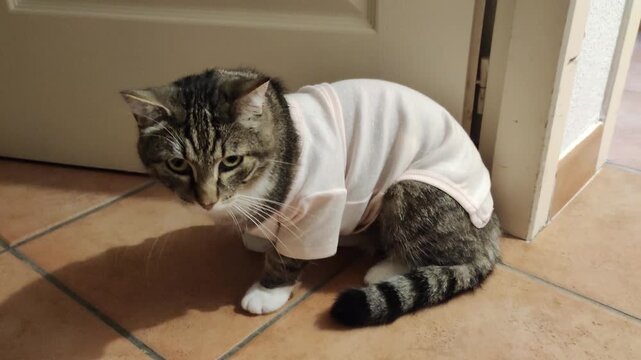 Chat domestique venant d&rsquo;&ecirc;tre op&eacute;r&eacute;, v&ecirc;tement de protection