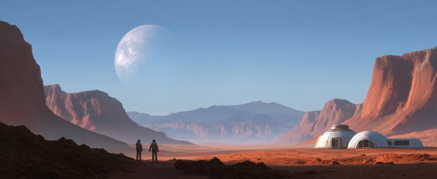 Mars colony habitat with space explorers developing extraterrestrial living solutions