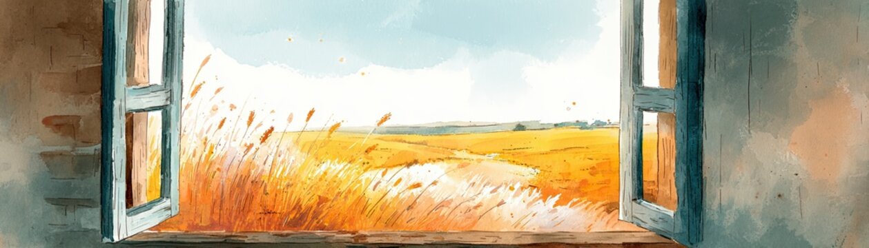 A serene view through open windows, showcasing golden grasses and a bright landscape under a cloudy sky.