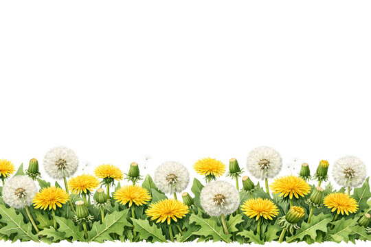 Dandelion Meadow with Flowers and Seed Heads &ndash; Botanical Watercolor Lower Border