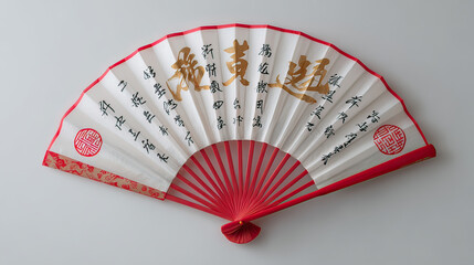 Traditional Chinese hand fan with white paper and bold red brush calligraphy isolated on white background