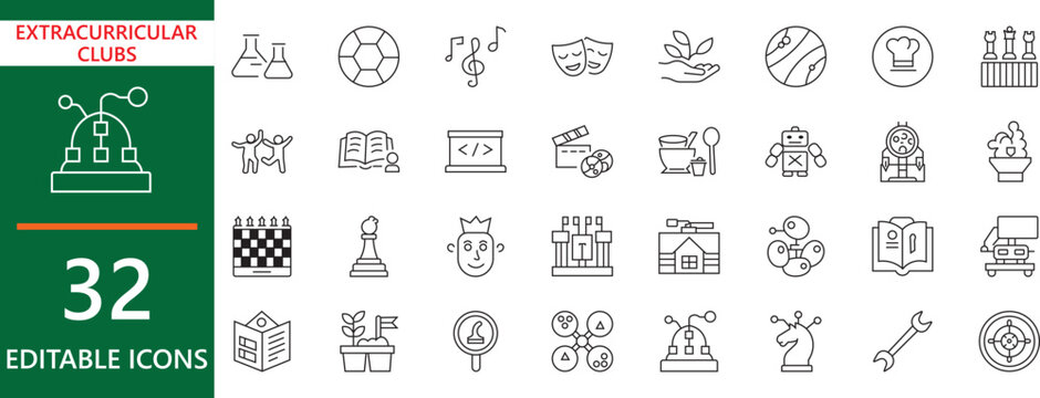 minimalist outline icons of school clubs, extracurricular, activities, student, community, robotics, music, art and leadership education ui.