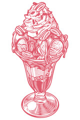 An ice cream sundae in a glass with whipped cream, sauce, and pecans. Vector hand-drawn illustration in a vintage engraving style, isolated on white.
