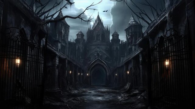 Gothic cathedral scene with eerie atmosphere, shot from a low angle. Dark, moody lighting enhances the video game's mysterious setting. Live desktop wallpaper.