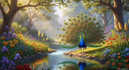 Majestic peacock spreads vibrant feathers in serene forest setting by the river
