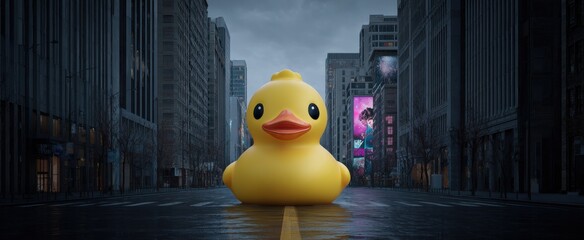 Surreal giant rubber duck in city street creates playful humor for attention-grabbing ads.