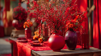 A beautifully decorated table with red vases and flowers for a festive Asian-inspired celebration or event