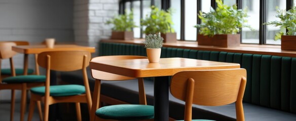 Obraz premium A modern coffee shop interior feels like a warm hug with wooden tables and cozy seating.