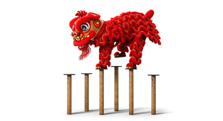 Red Chinese lion dance costume balancing on poles, isolated on white background, symbolizing luck, prosperity, cultural tradition, and Chinese New Year celebration.