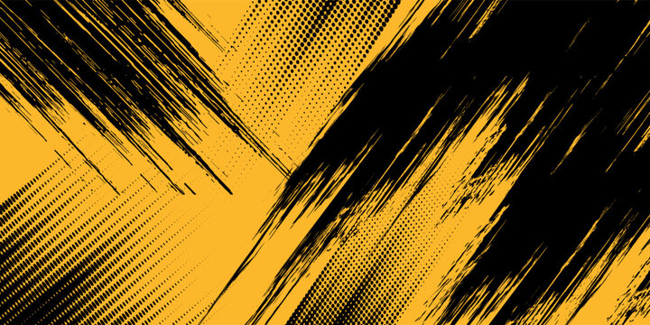 Halftone yellow dots pattern and black gradient grunge texture background. Dotted line comic sport style vector illustration.