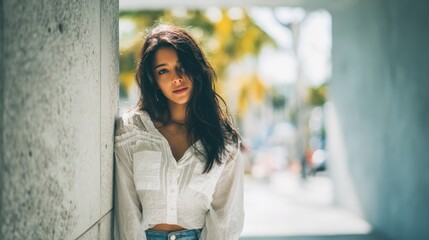 Dreamy portrait of a young woman leaning against a textured wall outdoors