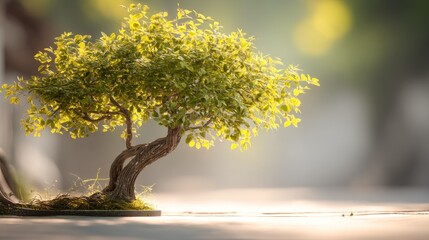Artistic portrayal of a bonsai tree with sunlight in a serene environment