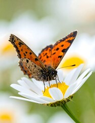 Orange butterfly with black spots perched atop a white daisy