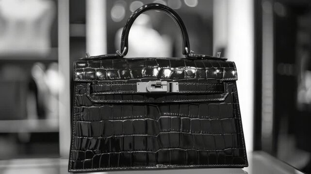 A luxurious black croc handbag showcased in a store window.