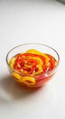Brightly colored sliced bell peppers soaking in oil and vinegar marinade preparation in a glass bowl on a kitchen counter, pickle, flavor, healthy