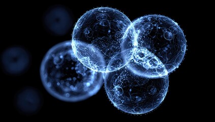 Three glowing ethereal orbs in intricate detail, overlapping with smaller spheres against black background