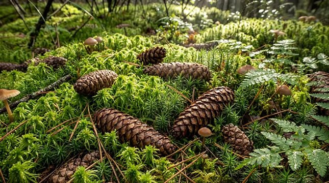 Forest floor scene with pine cones and moss, nature background forest floor pine cones moss background.