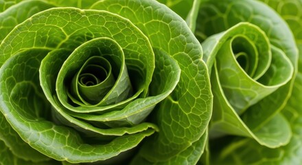 Fototapeta premium Detailed macro photograph capturing the crisp, fresh texture of tightly coiled, naturally wavy green leaves suitable for salad ingredients and healthy eating, close up, chlorophyll, ingredient