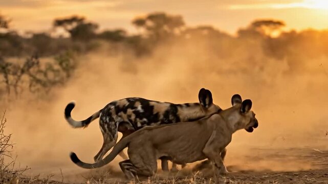 A lioness and a wild dog are engaged in a physical struggle in a grassy, arid environment. The image is taken at a low angle and captures the intensity of the encounter.