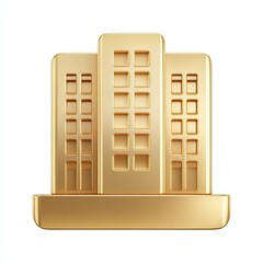 Glossy, three-building structure in a gold color, with windows and a rectangular base, on white background