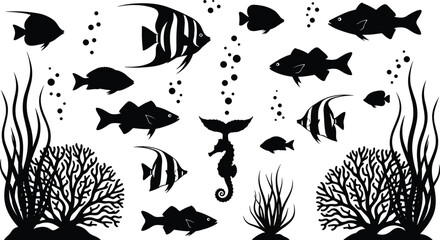 Underwater fish silhouette collection with coral reef plants and seahorse isolated on white background for ocean wildlife vector design © Nur Creations