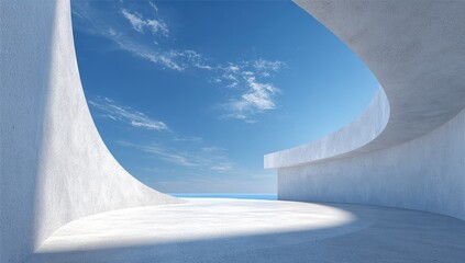 Modern architectural structure featuring a curved wall, showcasing a clear blue sky & ocean view