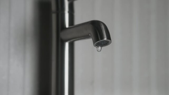 Close-up bathroom faucet with water slowly dripping drop by drop. Steady drip emphasizes water loss caused by an improperly closed or faulty tap. Focus on falling droplets, water waste, mindful usage