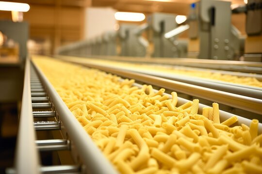 Rigatoni pasta moving along a conveyor belt in a processing plant