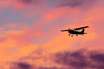 Silhouette of a small airplane soaring against a vibrant sunset of pinks, oranges, and purples