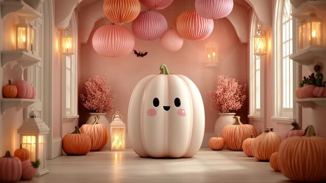 A whimsical pumpkin with a smiling face stands in a cozy room adorned with orange and pink paper lanterns. warm candlelight fills the space, complementing the autumnal decor with various pumpkins and 