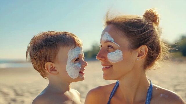 A heartwarming scene of a mother and son enjoying a day at the beach with sunscreen on their faces, ready to soak up the sunshine.