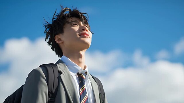 青空を仰ぎ新生活への決意を固める日本人男子学生