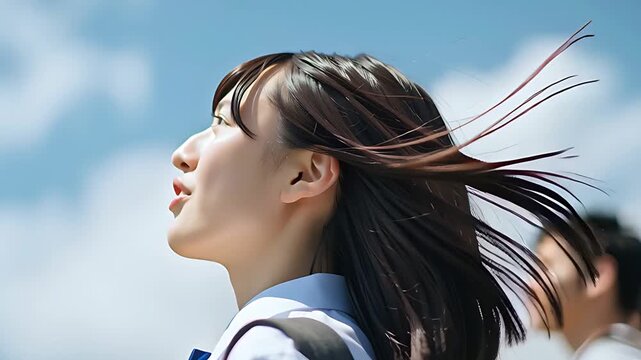 仲間と共に青空を仰ぐ日本人学生たちの青春シーン