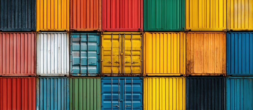 A vibrant display of colorful shipping containers arranged in a grid, showcasing a rainbow of hues