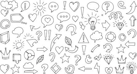 Hand drawn doodle elements collection with arrows speech bubbles and hearts.