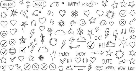 Fototapeta premium Hand drawn doodle set with various symbols and expressions.