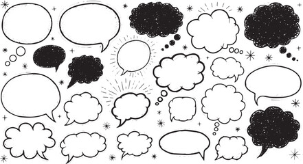 Hand drawn speech bubbles and thought clouds doodle set. © HexaFrame