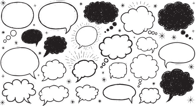 Hand drawn speech bubbles and thought clouds doodle set.