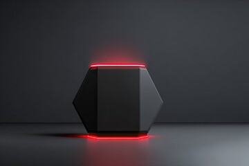 A geometric, matte black, faceted object glows with red neon along its top and bottom edges