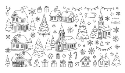 Naklejka premium Christmas winter village line art vector illustration pack