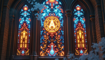 Obraz premium stained glass windows featuring vibrant colors and intricate designs, illuminated by light, creating a decorative ambiance for architectural settings