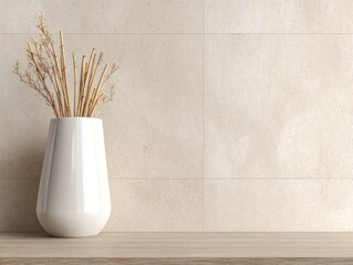 A white vase holding dried sticks sits on a wooden surface against a beige tile wall