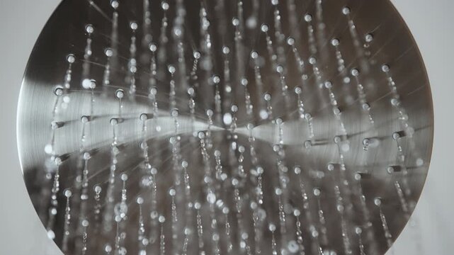 Close-up looking up shot of round stainless steel rainfall shower head in modern design bathroom as water begins to flow. Thin streams emerge from small holes creating gentle cascade in slow motion